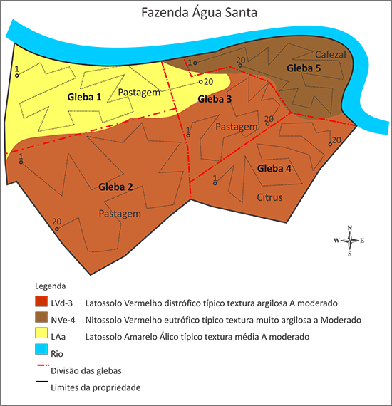 Figura 1. Mapa pedológico mostrando o caminhamento para coleta de amostra de solo para fins de fertilidade.