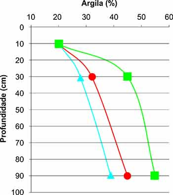 Figura 2. Incremento de argila em profundidade de três Argissolos.